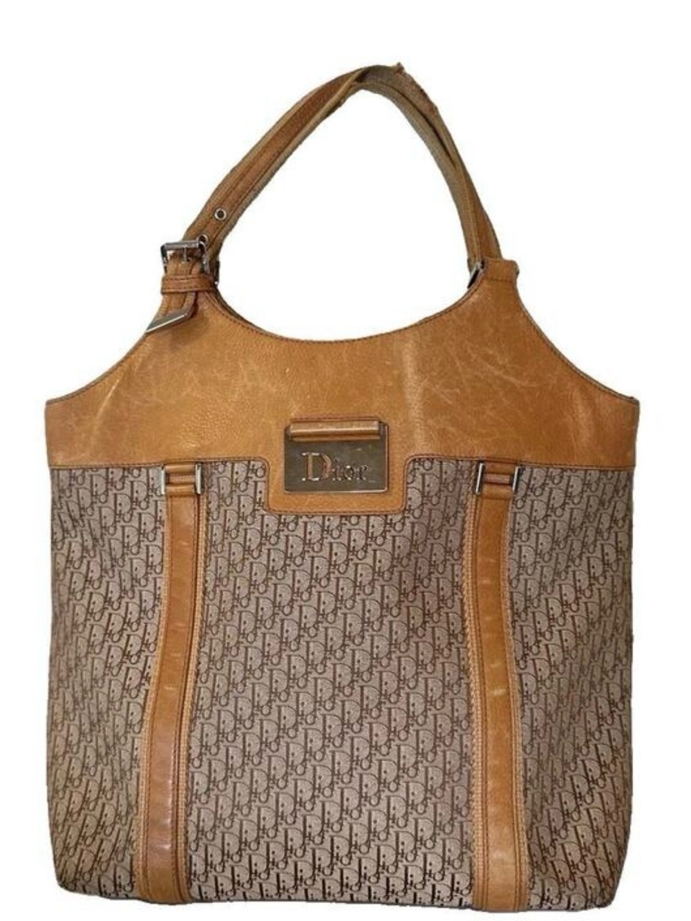 Christian Dior Tote Bag Womens Large Brown Jacquard Leather Monogram Italy